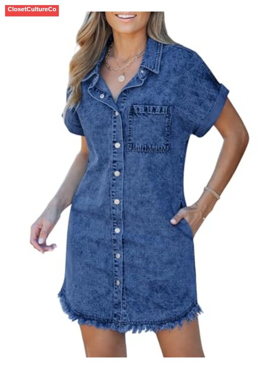 Other - Denim Shift Dress Button Down Short Sleeve Raw Hem Pockets Casual Summer
